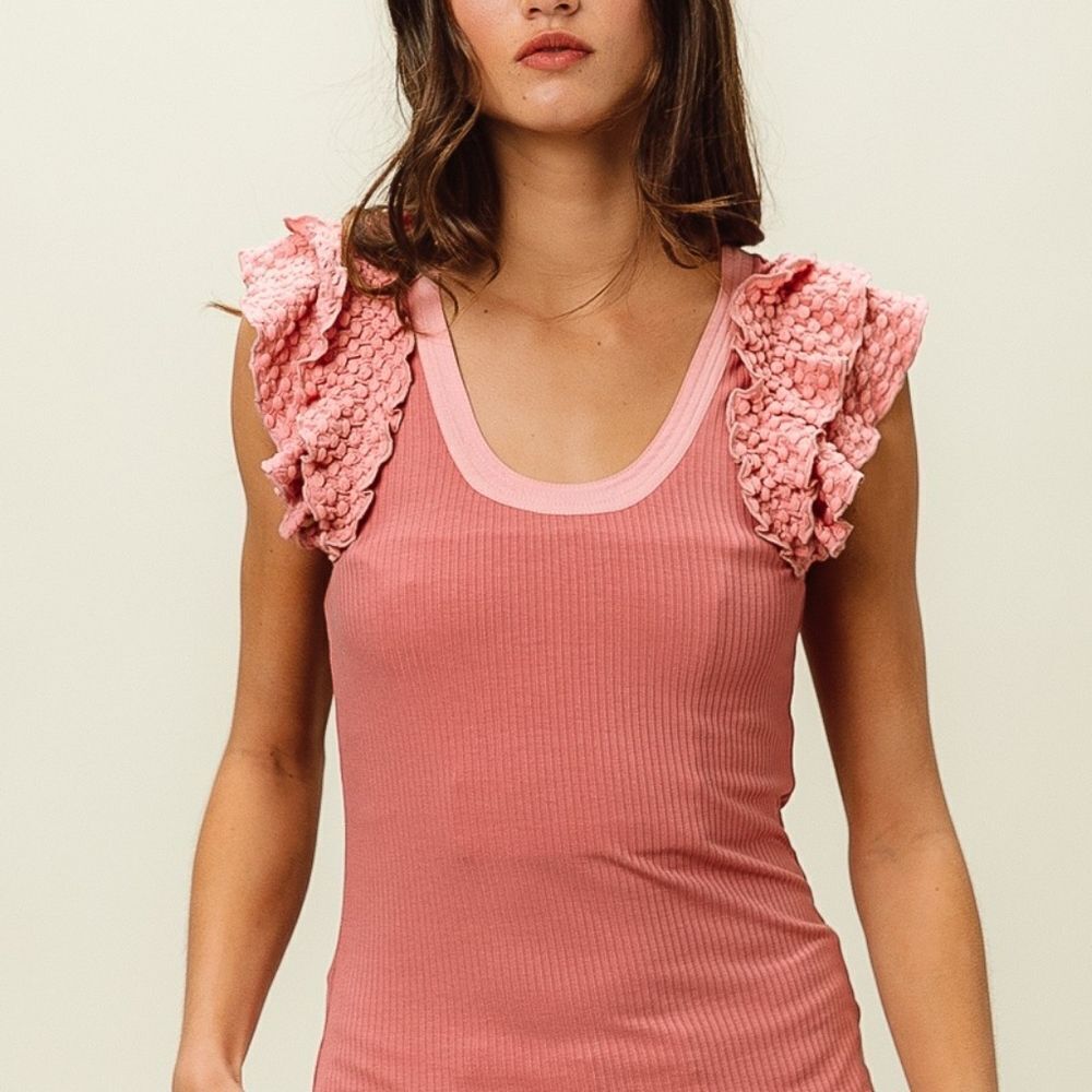 Black Friday Deals ◇ BiBi Rib Knit Ruffled Top Pink Ruffle Sleeve Tank Top - Picture 7 of 12